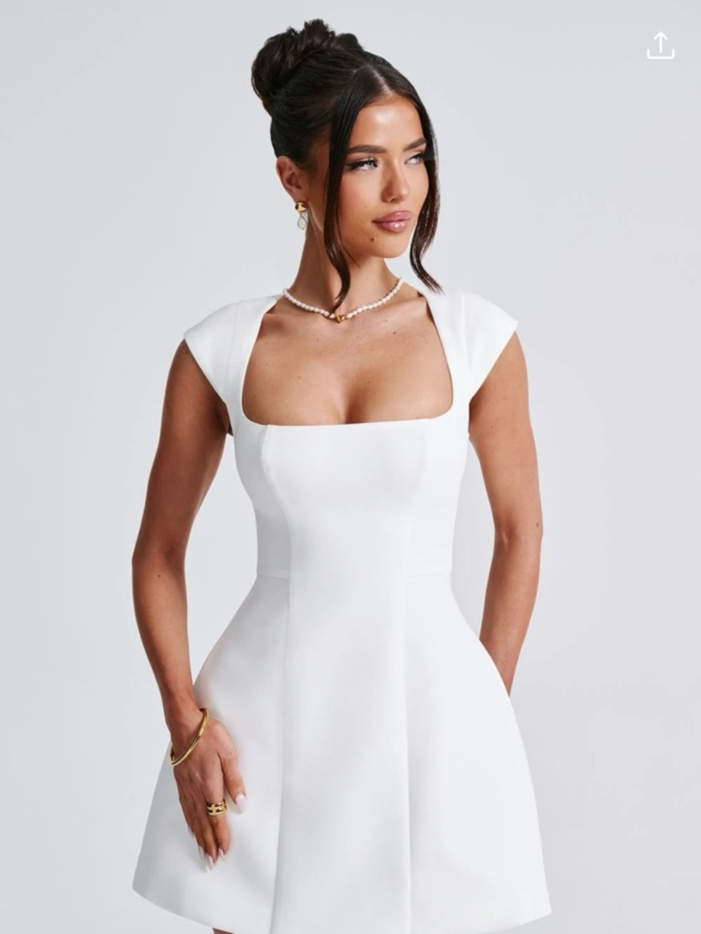 Square-Neck White Mini Dress with Cap Sleeves